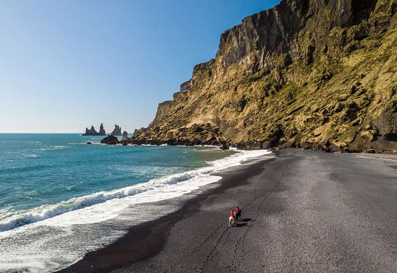 Svart sandstrand och häst Vík